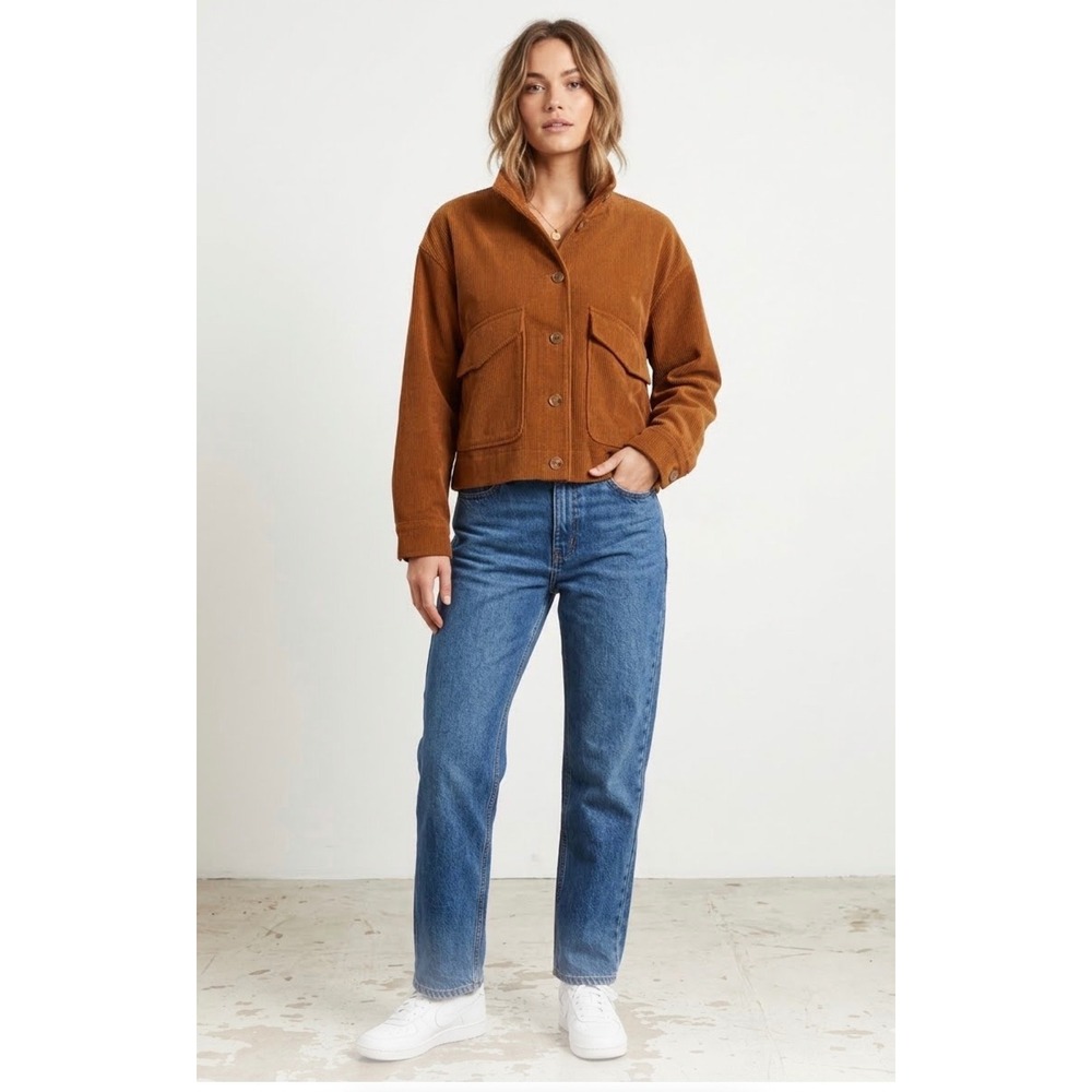 Avec Les Filles Corduroy Mock Neck Jacket Brown Button Front Utility Pocket L